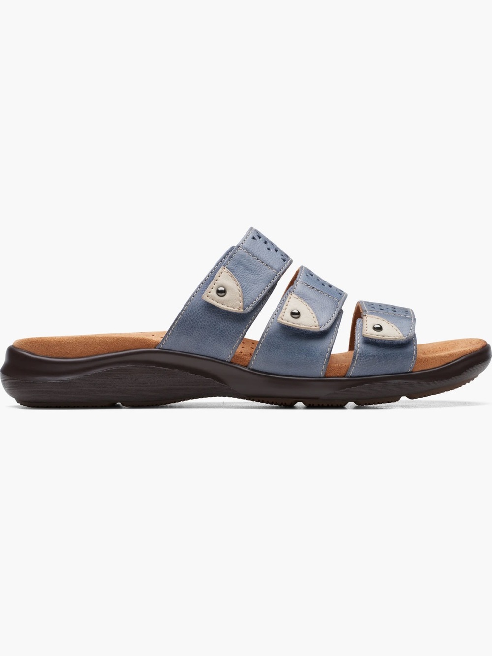 Clarks Women's Kitly Walk Light Blue Triple-Strap Laser-Cut Slide Sandals - Picture 3 of 13